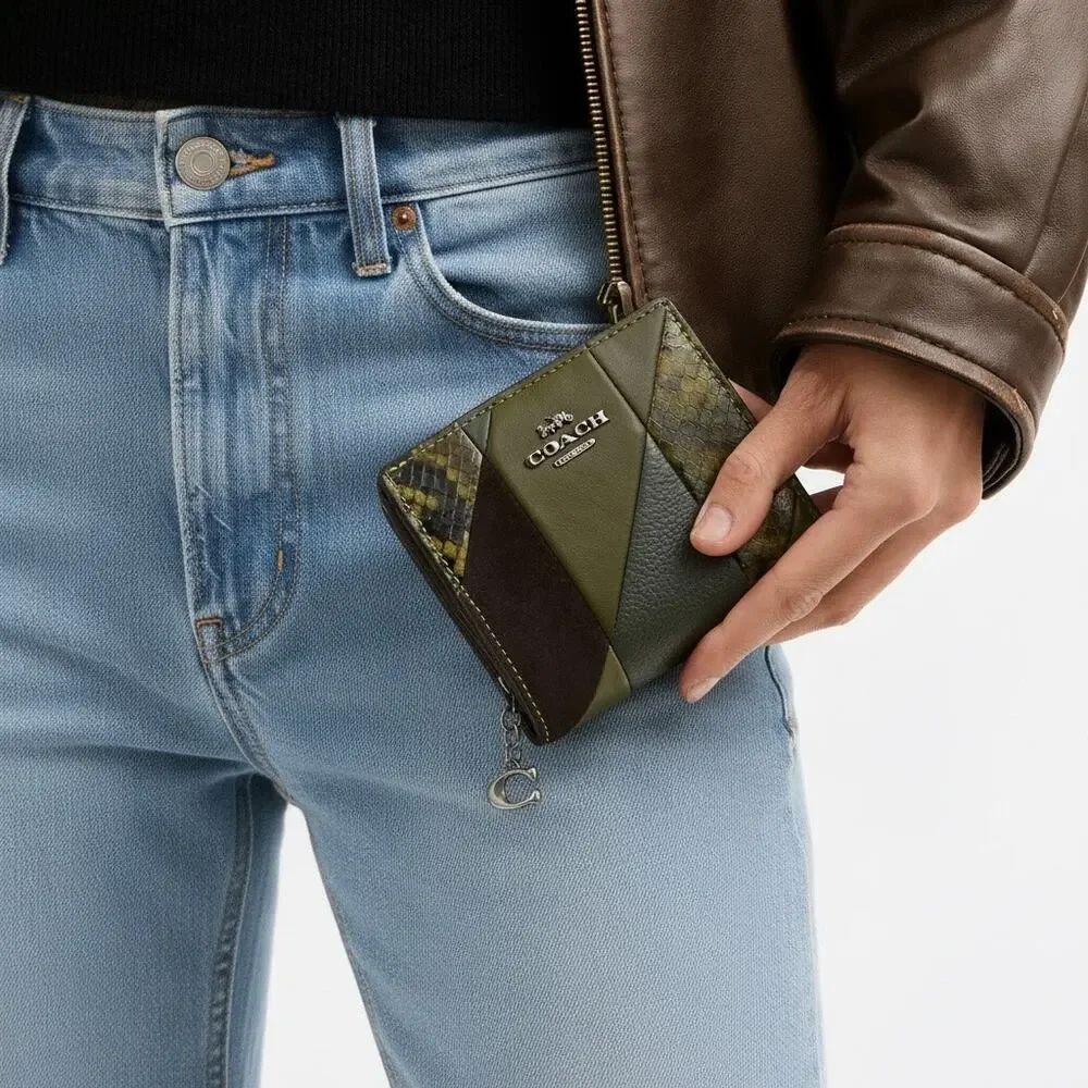 Coach Snap Wallet Patchwork Snake Print Leather CCL77 Olive Green Gold NWT
